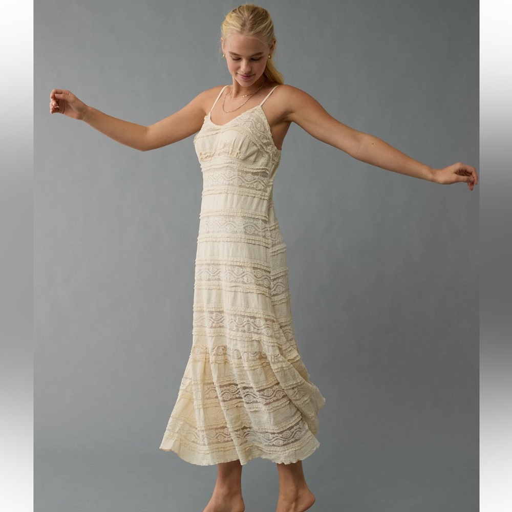 American Eagle Outfitters Ivory Lace Tiered Midi Dress